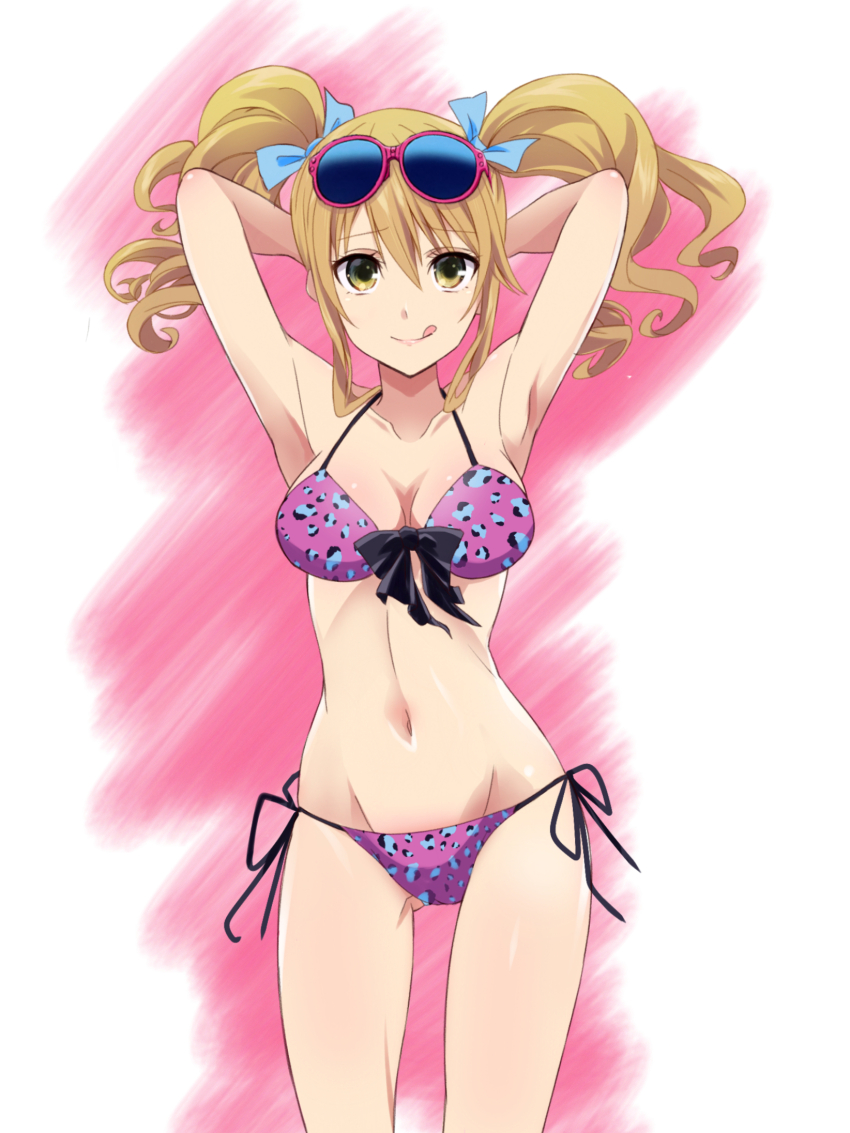 1girl :q aihara_yuzu armpits arms_behind_head arms_up bikini blonde_hair blush breasts citrus_(saburouta) cleavage commentary hands_in_own_hair highres jewelry large_breasts legs long_hair looking_at_viewer navel open_mouth presenting_armpit saint_laurent_paris smile solo stomach swimsuit thighs tongue tongue_out twintails
