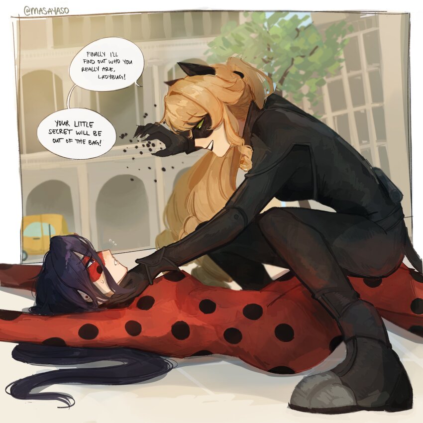 2girls absurdres animal_ears black_mask chat_noir chat_noir_(cosplay) clorinde_(genshin_impact) cosplay fake_animal_ears fake_tail genshin_impact highres ladybug_(character) ladybug_(character)_(cosplay) long_hair maie_(masayaso) miraculous_ladybug multiple_girls navia_(genshin_impact) outdoors polka_dot purple_hair red_mask superhero_costume tail twitter_username