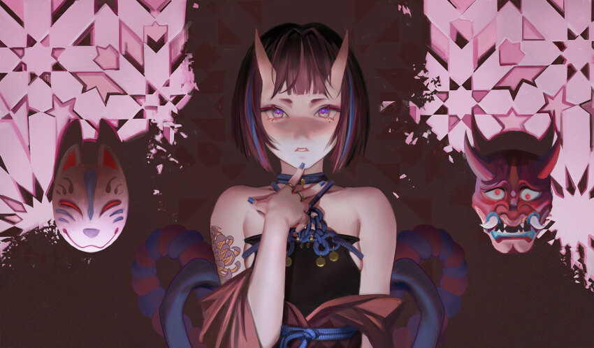 1girl arm_tattoo black_hair black_shirt blue_hair blue_nails blue_rope blunt_bangs bob_cut breasts commentary fingernails fox_mask highres horns japanese_clothes jewelry kimono mask mole mole_under_eye multicolored_hair nail_polish oni oni_mask original parted_lips purple_eyes red_kimono ring rope shimenawa shirt short_hair sideboob skin-covered_horns sleeveless sleeveless_shirt small_breasts solo star_(symbol) star_in_eye streaked_hair symbol-only_commentary symbol_in_eye tattoo teeth unworn_mask upper_body wowmoto2