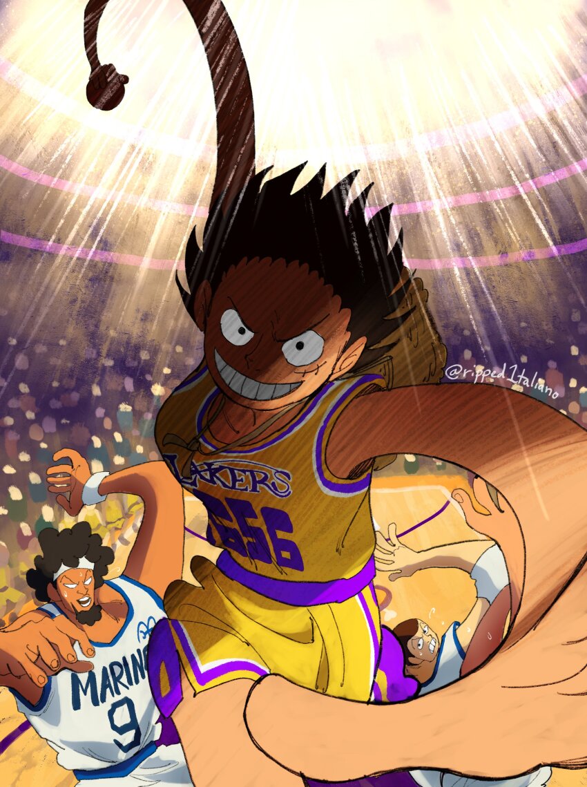 3boys absurdres ball basketball_(object) basketball_uniform black_hair commentary facial_hair goatee hairband hat highres looking_at_viewer los_angeles_lakers male_focus monkey_d._luffy multiple_boys one_piece ripped1taliano scar scar_on_face short_hair sportswear straw_hat white_hairband