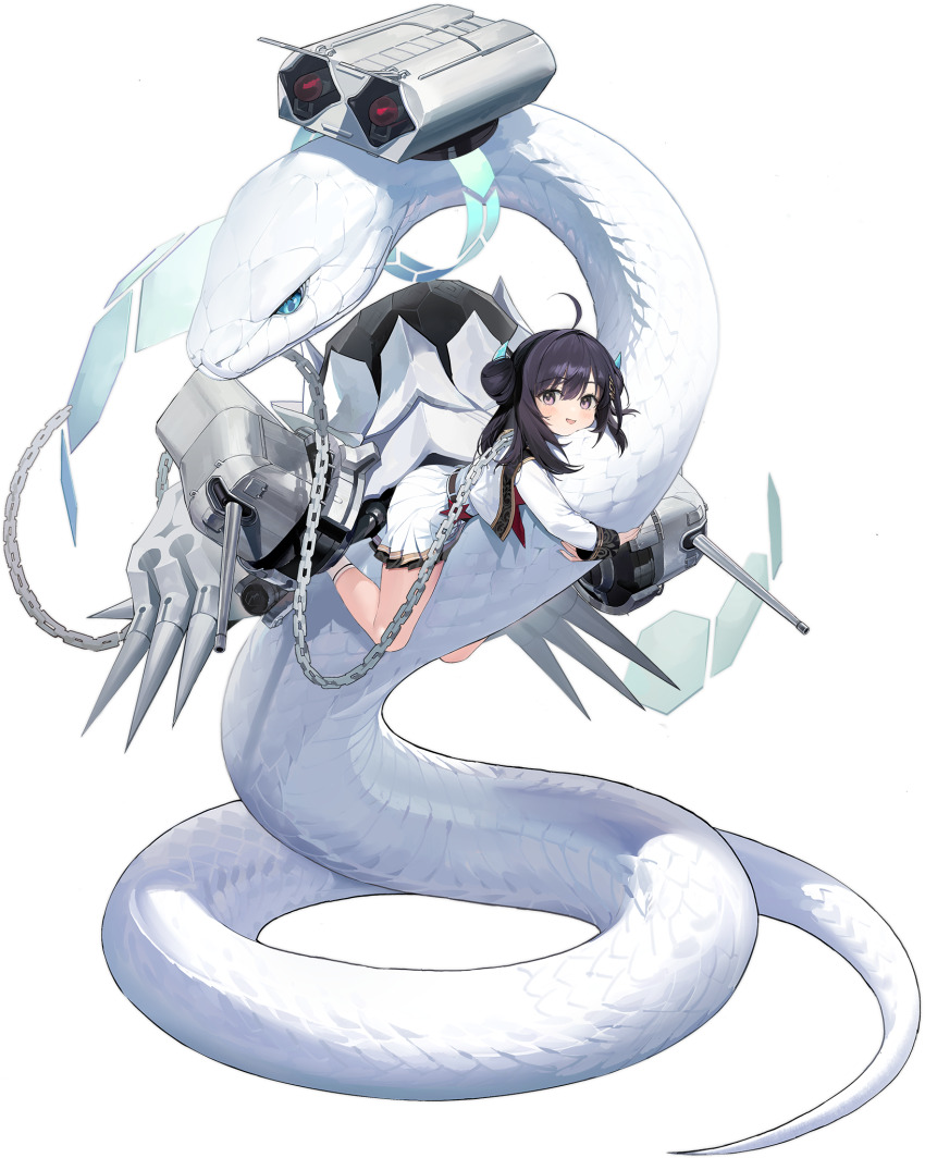 1girl ahoge alisa_(kuro_no_sakura) animal animal_hug artist_request azur_lane black_footwear black_hair blush cannon chain check_artist double_bun dress hair_between_eyes hair_bun hair_ornament highres hug long_sleeves looking_at_viewer machinery official_art open_mouth oversized_animal pleated_dress purple_eyes riding rigging sailor_collar school_uniform ship_turret shoes short_dress smile snake socks tai_yuan_(azur_lane) tai_yuan_(retrofit)_(azur_lane) torpedo_tubes weapon white_dress white_socks