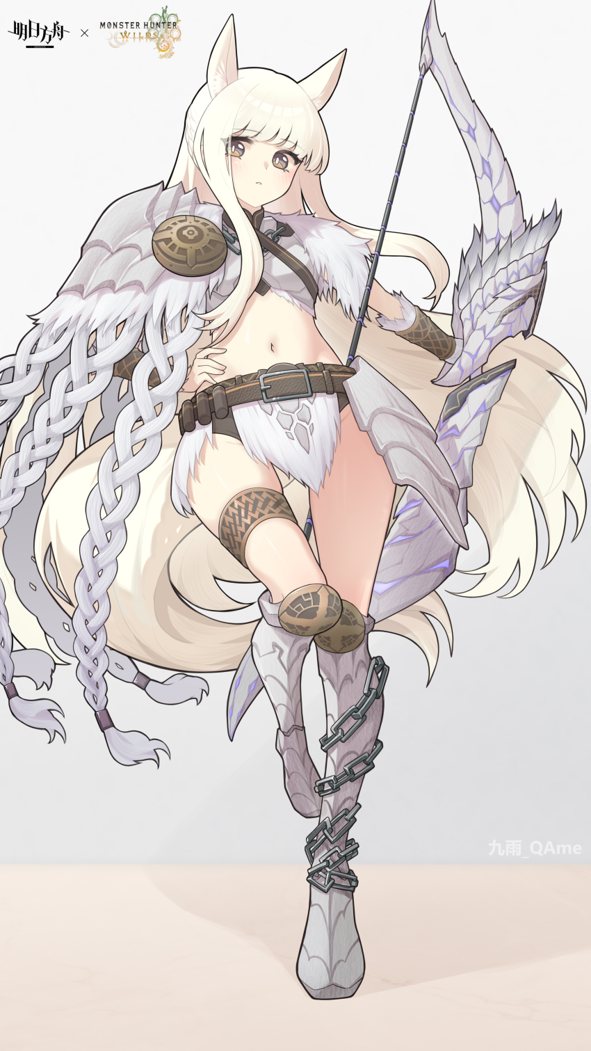 1girl absurdres alternate_costume arknights arkveld_(armor) armor armored_boots artist_name belt belt_buckle black_eyes blonde_hair boots bow_(weapon) bright_pupils brown_belt brown_panties buckle chain chinese_commentary commentary_request crop_top eyes_visible_through_hair full_body fur_trim grey_boots groin hand_on_own_hip highres holding holding_bow_(weapon) holding_weapon jiuyu_qame knee_boots leg_up light_blush long_hair looking_at_viewer midriff monster_hunter_(series) monster_hunter_wilds navel panties parted_lips platinum_(arknights) solo standing standing_on_one_leg tail underwear vambraces very_long_hair weapon white_pupils yellow_eyes yellow_tail