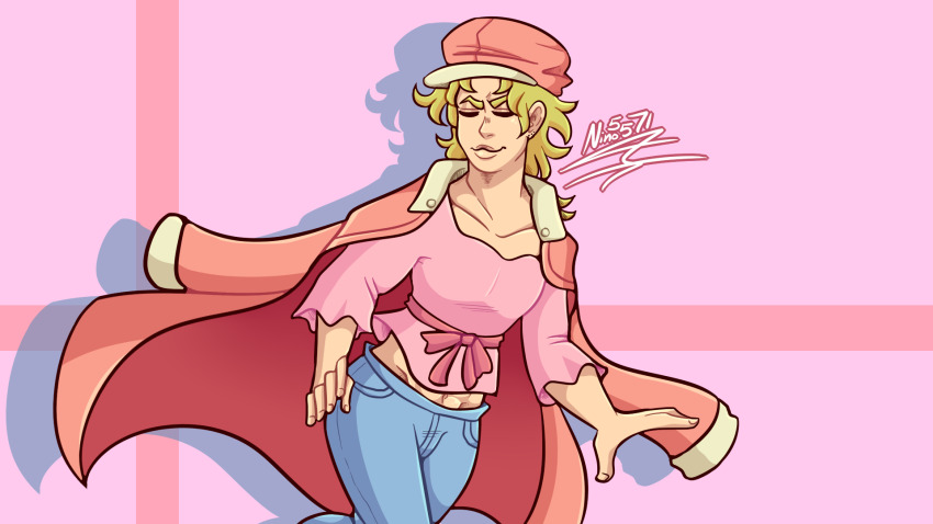 1boy artist_name bakemonogatari closed_eyes closed_mouth cosplay crossdressing crossdressing_(mtf) dio_brando hat highres jacket jacket_on_shoulders jojo_no_kimyou_na_bouken long_sleeves male_focus monogatari_(series) necktie newsboy_cap nino5571 orange_hat parody ren&#039;ai_circulation ribbon sengoku_nadeko sengoku_nadeko_(cosplay) shirt smile solo two-tone_headwear