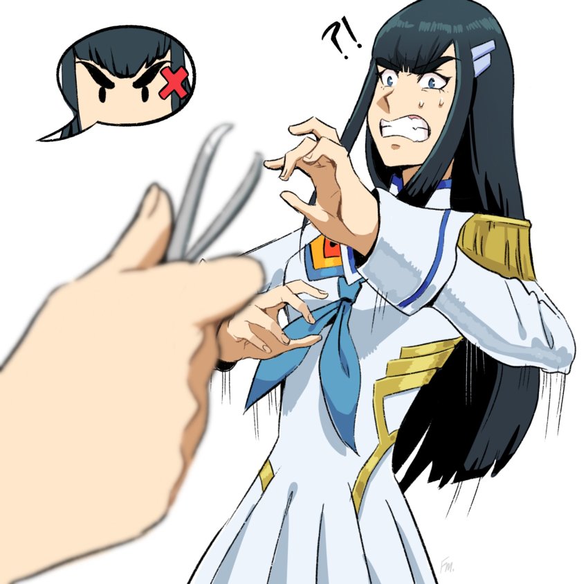 !? 1girl 1other black_hair blue_eyes blurry clenched_teeth commentary depth_of_field dress english_commentary epaulettes francisco_mon highres kill_la_kill kiryuuin_satsuki long_hair long_sleeves motion_lines pleated_dress school_uniform solo_focus sweat teeth thick_eyebrows tweezers white_dress