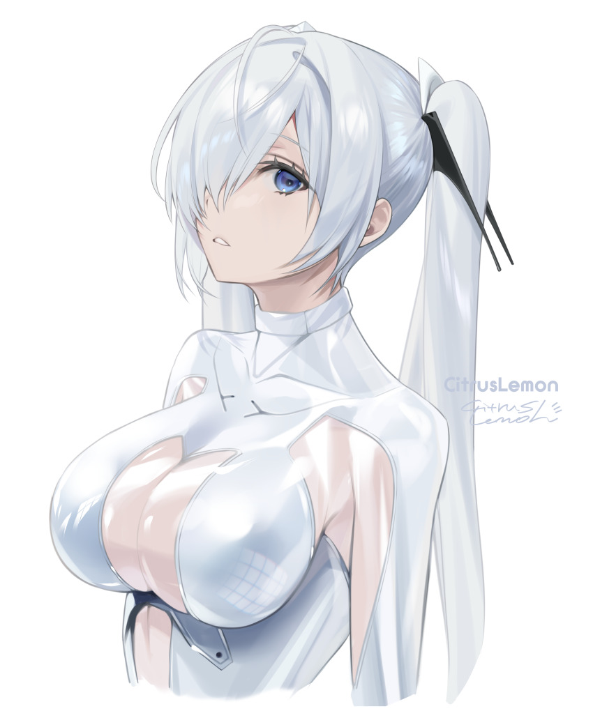 1girl absurdres armpit_cutout artist_name blue_eyes bodysuit breasts cinderella_(nikke) citrus_lemon cleavage clothing_cutout commentary_request cropped_torso expressionless goddess_of_victory:_nikke hair_over_one_eye highres large_breasts long_hair looking_at_viewer see-through_bodysuit see-through_clothes sidelocks signature simple_background solo stomach_cutout twintails white_background white_bodysuit