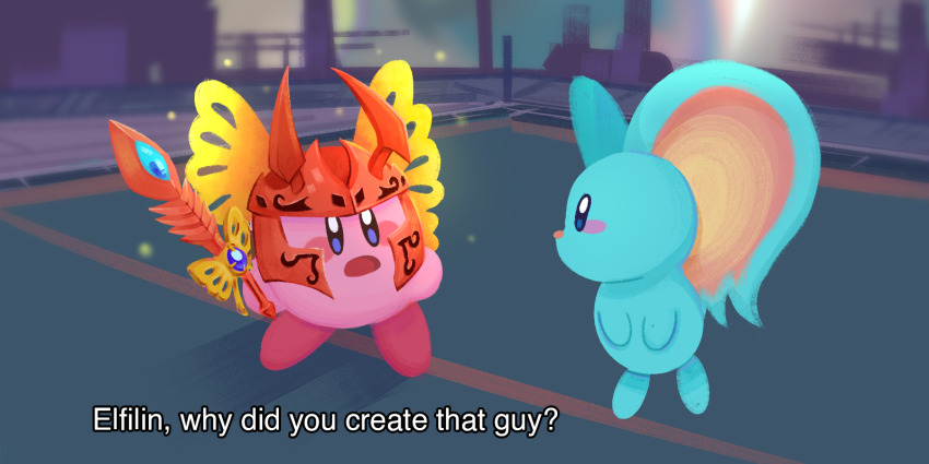 animal_ears blush_stickers butterfly_wings copy_ability cosplay elfilin english_text highres holding holding_sword holding_weapon insect_wings kirby kirby_(series) kirby_and_the_forgotten_land marvel morpho_knight morpho_knight_(cosplay) morpho_knight_sword_kirby mouse_ears nintendo no_humans open_mouth scene_reference solid_oval_eyes spider-man:_across_the_spider-verse spider-man_(series) spider-verse starroad sword sword_kirby weapon wings
