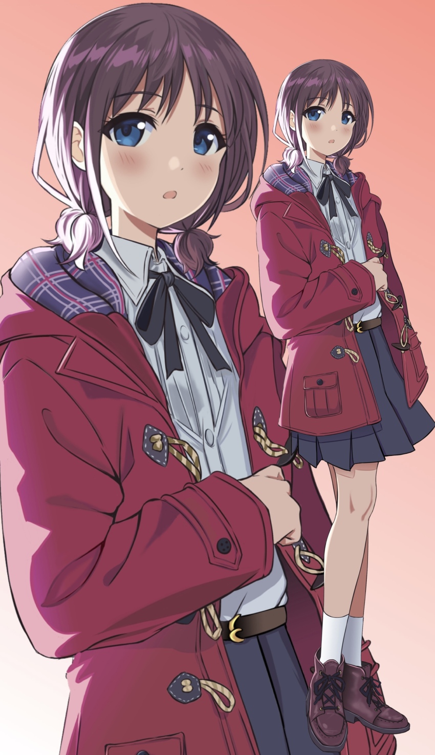 1girl absurdres belt blue_eyes boots bow bowtie brown_hair coat collared_shirt full_body girls_band_cry highres iseri_nina looking_at_viewer low_twintails medium_hair multiple_views pleated_skirt shirt skirt socks solo standing togenashi_togeari twintails white_shirt white_socks zaofeng