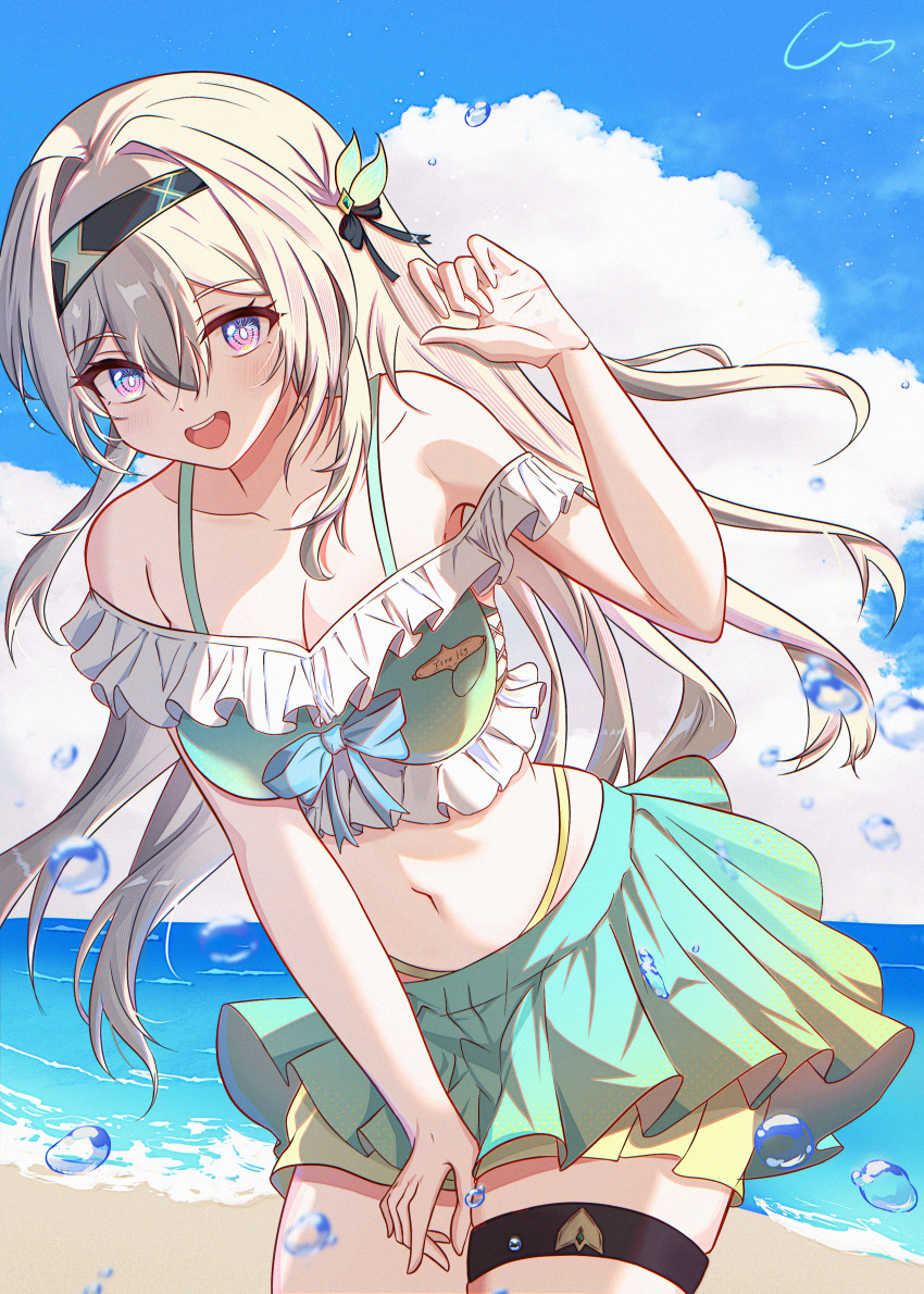 1girl absurdres alternate_costume bare_shoulders bikini bikini_skirt black_hairband blush breasts cleavage collarbone firefly_(honkai:_star_rail) frilled_bikini frilled_bikini_top frills green_bikini grey_hair gruisin hair_between_eyes hair_intakes hair_ornament hairband highres honkai:_star_rail honkai_(series) large_breasts leaning_forward long_hair navel open_mouth pink_hair smile stomach swimsuit thigh_strap