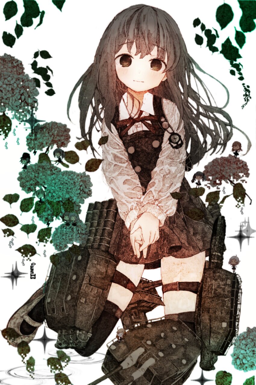 6+girls absurdres arare_(kancolle) arare_kai_ni_(kancolle) arashio_(kancolle) arashio_kai_ni_(kancolle) asagumo_(kancolle) asashio_(kancolle) asashio_kai_ni_(kancolle) black_hair black_thighhighs blush brown_eyes closed_mouth collared_shirt commentary dress english_commentary flower gurin33 highres hydrangea kantai_collection kasumi_(kancolle) kasumi_kai_ni_(kancolle) kneeling leaf long_sleeves looking_at_viewer minegumo_(kancolle) mini_person minigirl multiple_girls natsugumo_(kancolle) neck_ribbon ooshio_(kancolle) ooshio_kai_ni_(kancolle) own_hands_together pinafore_dress ribbon rigging ripples school_uniform shirt shoes sleeveless sleeveless_dress solo_focus sparkle thigh_strap thighhighs uwabaki white_background white_shirt yamagumo_(kancolle)