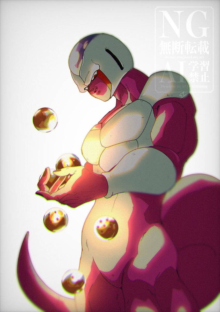 1boy alien colored_skin cooler_(dragon_ball) cowboy_shot dragon_ball dragon_ball_(object) dragonball_z grey_background highres male_focus no_eyebrows purple_skin simple_background solo stktik09060906