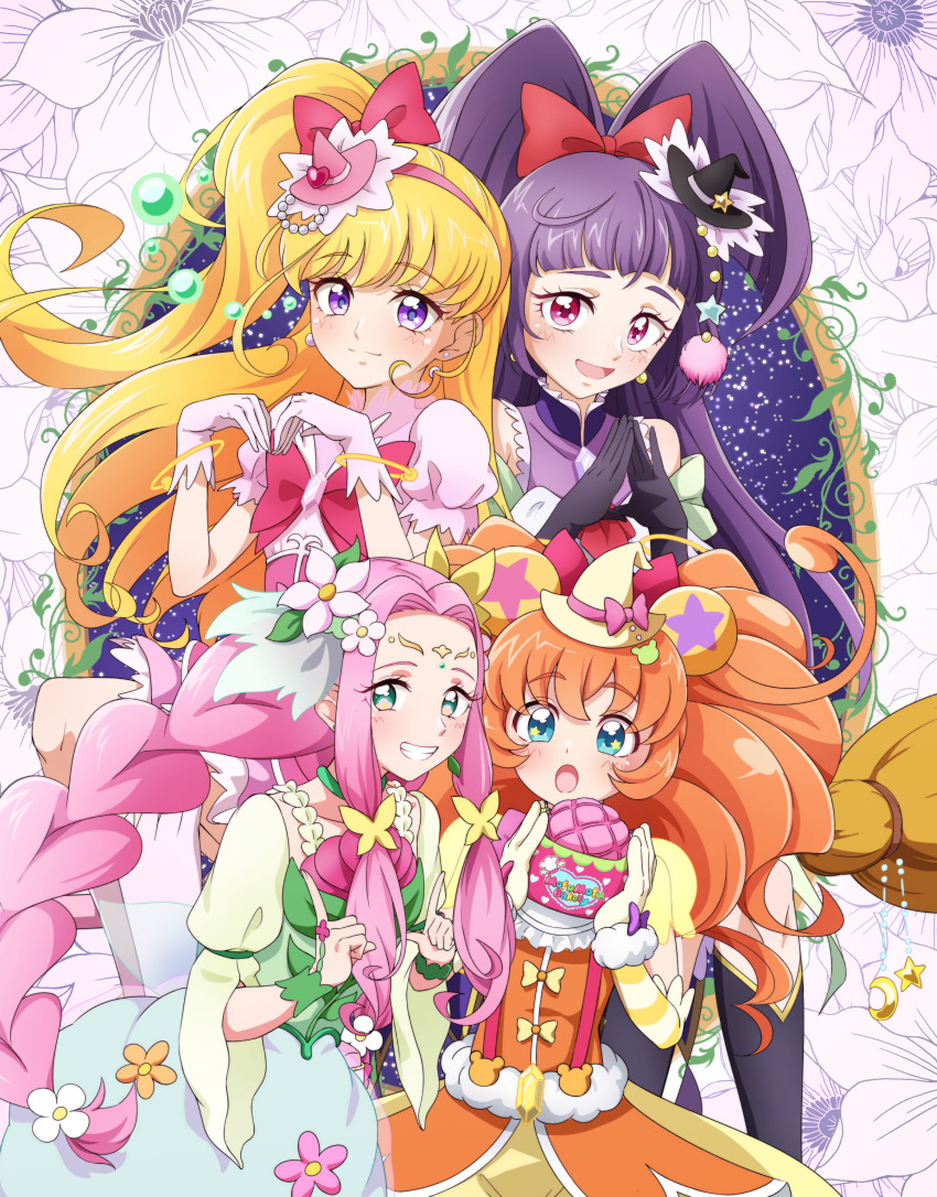 4girls :d :o absurdres asahina_mirai black_footwear black_gloves black_hat blonde_hair blue_dress blue_eyes blush boots bow braid broom brown_hat closed_mouth commentary_request cure_felice cure_magical cure_miracle cure_mofurun daidaiiro dress floral_background fur-trimmed_gloves fur_trim gloves green_eyes grin hair_bow hanami_kotoha hands_up hat highres izayoi_liko knee_boots long_hair long_sleeves mahou_girls_precure! mini_hat mini_witch_hat mofurun_(mahou_girls_precure!) multiple_girls one_side_up open_mouth orange_hair pink_dress pink_hair pink_hat precure puffy_long_sleeves puffy_short_sleeves puffy_sleeves purple_eyes purple_hair red_bow red_eyes short_sleeves smile steepled_fingers two_side_up very_long_hair white_gloves witch_hat