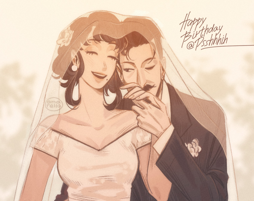 1boy 1girl aged_down amamamumu artist_name bare_shoulders black_suit closed_eyes commission day donovan_desmond dress earrings eyelashes facial_hair formal_clothes happy_birthday hetero holding_hands jewelry melinda_desmond mole mole_under_mouth mustache one_eye_closed outdoors short_hair sidelocks spy_x_family stud_earrings suit veil wedding white_dress