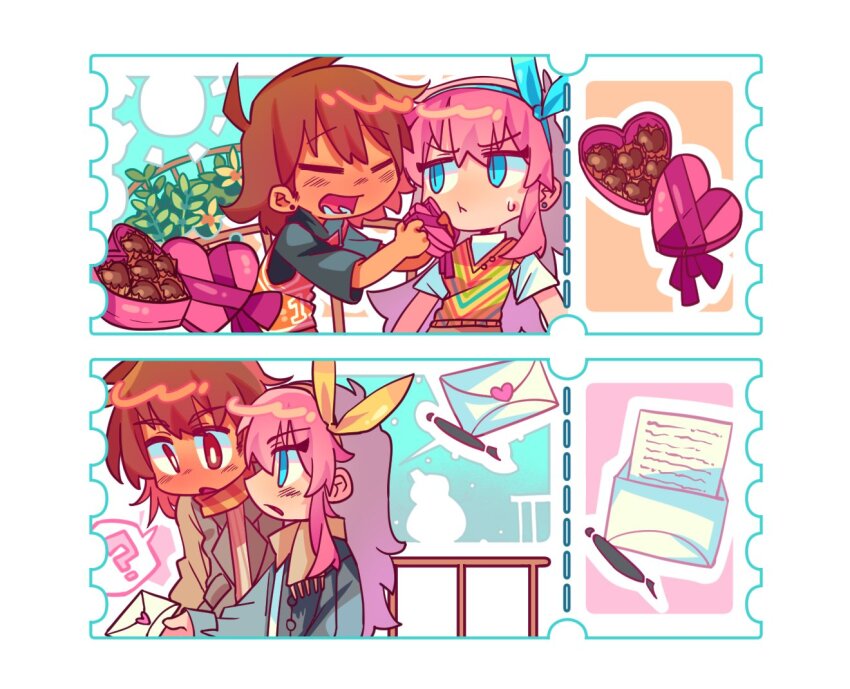 1boy 1girl aubrey_(faraway)_(omori) aubrey_(omori) black_shirt blue_eyes blue_hairband box brown_hair candy chibi chibi_only chocolate chocolate_heart closed_mouth ear_piercing envelope food hairband heart heart-shaped_box heart-shaped_food holding holding_envelope huasuan69416 kel_(faraway)_(omori) kel_(omori) long_hair lower_teeth_only omori open_mouth parted_lips piercing pink_hair shirt short_hair short_sleeves teeth white_shirt