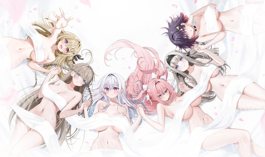 6+girls black_choker black_hair black_hairband black_ribbon blonde_hair blue_eyes blush bow braid breasts brown_hair choker convenient_censoring grey_hair hair_bow hair_ornament hair_ribbon hairband holding_hands interlocked_fingers large_breasts long_hair lying multicolored_hair multiple_girls navel on_back original pink_hair pink_petals piyopoyo purple_eyes reaching reaching_towards_viewer ribbon short_hair streaked_hair twin_braids twitter_username watermark white_bow white_hair