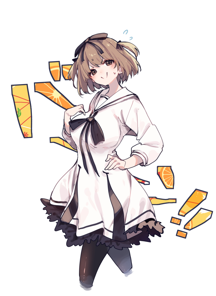 1girl :&gt; black_pantyhose black_ribbon bob_cut breasts brown_eyes brown_hair closed_mouth commentary_request cowboy_shot cropped_legs dress flying_sweatdrops frilled_dress frills hair_ribbon hamayumiba_sou hand_on_own_hip hand_up highres large_breasts looking_at_viewer maehara_nina neck_ribbon ochikobore_fruit_tart pantyhose pleated_dress ribbon sailor_collar sailor_dress short_dress short_hair simple_background smile solo sound_effects split_mouth sweat translation_request two_side_up v-shaped_eyebrows white_background white_dress white_sailor_collar