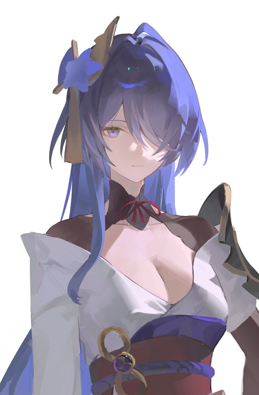 1girl absurdres acheron_(honkai:_star_rail) arts_(90620075) black_shrug breasts cleavage closed_mouth commentary cosplay flower genshin_impact hair_flower hair_ornament highres honkai:_star_rail honkai_(series) japanese_clothes kimono long_hair medium_breasts mihoyo obi off_shoulder one_eye_covered purple_eyes purple_flower purple_hair raiden_shogun raiden_shogun_(cosplay) red_sash sash shrug_(clothing) simple_background upper_body white_background