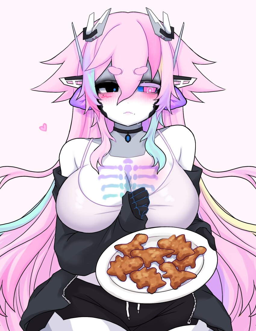 blush breasts bug_(houndeater) chicken_nuggets cleavage colored_skin highres houndeater jacket long_hair mole mole_under_eye mole_under_mouth original pink_hair shorts white_skin wide_hips