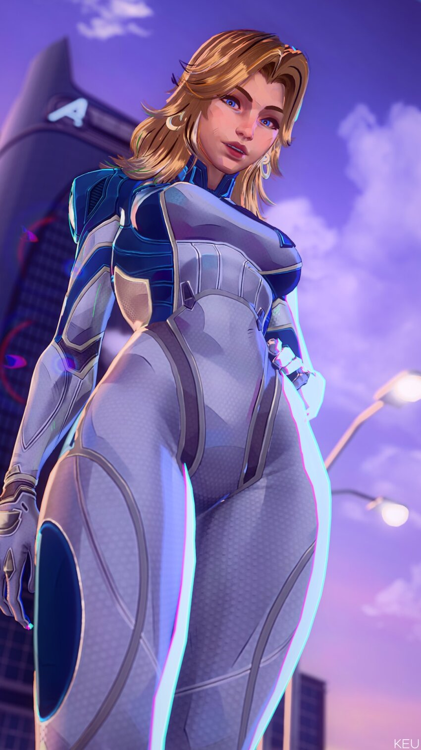 1girl 3d blonde_hair blue_bodysuit blue_eyes bodysuit breasts building cloud fantastic_four from_below highres keu3d long_hair looking_at_viewer marvel marvel_rivals medium_breasts multicolored_bodysuit outdoors skyscraper solo sue_storm two-tone_bodysuit white_bodysuit