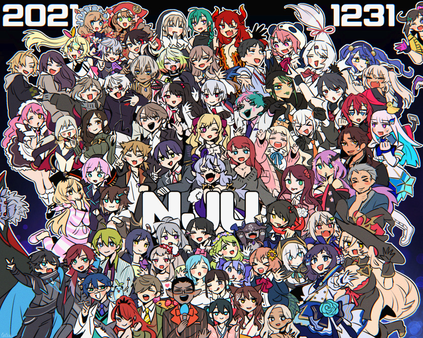 6+boys 6+girls animal animal_ears animal_on_head ars_almal asa_(asaaa819) bird black_bow black_hair blonde_hair blue_eyes blue_flower blue_hair blue_necktie blush bow bowtie breasts brown_hair cape character_request cigarette cleavage closed_eyes commentary_request costume_request dola_(1st_costume)_(nijisanji) dola_(nijisanji) fang flower gloves gonzalez_(machita_chima) green_eyes green_hair grey_eyes grey_hair hair_bow hair_flower hair_ornament hair_over_one_eye hamster hanabatake_chaika hanabatake_chaika_(1st_costume) hat highres honma_himawari honma_himawari_(1st_costume) horns japanese_clothes kenmochi_touya kimono lanyard lize_helesta machita_chima machita_chima_(1st_costume) maid_headdress multicolored_hair multiple_boys multiple_girls necktie nijisanji obi on_head one_eye_closed open_mouth pink_hair pointy_ears purple_eyes red_eyes red_hair rindou_mikoto sasaki_saku sasaki_saku_(1st_costume) sash sebastian_piyodore skirt striped_bow striped_necktie sunflower sunflower_hair_ornament tinted_eyewear tsukino_mito tsukino_mito_(1st_costume) two-tone_hair v virtual_youtuber white_hair witch_hat yashiro_kizuku yashiro_kizuku_(1st_costume) yellow_eyes