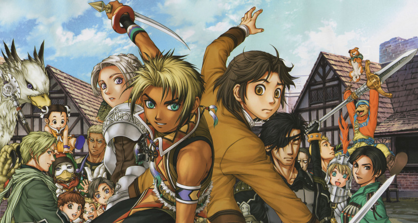 5girls 6+boys :d ^_^ absurdres alanis_(gensou_suikoden) alanis_(suikoden) annotated aqua_eyes arm_up armband armor axe back-to-back belt bird black_eyes black_hair blonde_hair blue_eyes blush_stickers boots bracelet braid brown_eyes brown_hair cecile_(suikoden) chris_lightfellow closed_eyes cloud dark-skinned_male dark_skin day detached_sleeves dog double_bun duck eike_(suikoden) elliot elliot_(suikoden) everyone eyepatch fangs fighting_stance frown fubar_(suikoden) fur_trim geddoe_(suikoden) gensou_suikoden gensou_suikoden_iii gloves green_eyes grey_eyes grey_hair griffin grin hair_bun hair_ribbon helmet highres huge_weapon hugo_(suikoden_iii) ishikawa_fumi jewelry jimba juan jumping knife konami koroku_(gensou_suikoden) lipstick loincloth looking_back makeup melville_(gensou_suikoden) multiple_boys multiple_girls muto_(suikoden) nash_latkje necklace object_on_head official_art open_mouth outdoors pendant polearm purple_eyes queen queen_(suikoden) ribbon scar scarf sgt_joe shabon_(suikoden) short_hair sky smile spear sword thomas_(suikoden) weapon yellow_eyes