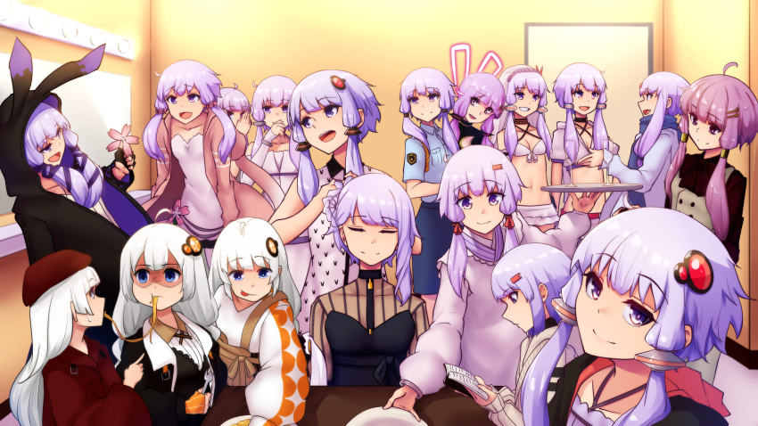 6+girls :p a.i._voice absurdres animal_ears animal_hood animal_print apron argyle_clothes argyle_shirt badge beige_cardigan beret bikini black_dress black_gloves black_jacket blue_eyes blue_scarf blue_shirt blue_skirt blunt_bangs bomber_jacket book braid brown_skirt buttons cardigan cevio cherry_blossoms closed_eyes collarbone criss-cross_halter doorway double-breasted dress eating everyone flower fork gloves glowing hair_ornament hair_tubes hairclip halterneck hat high-waist_skirt highres holding holding_book holding_flower holding_fork holding_tray hood hood_up indoors jacket kappougi kappougi_yukari kizuna_akari kizuna_akari_(a.i._voice) kizuna_akari_(tsubomi) looking_at_viewer multiple_girls multiple_persona nicchi okhotsk_yukari open_mouth pink_apron pink_flower pink_jacket pointing pointing_at_another police police_uniform policewoman purple_dress purple_eyes purple_hair rabbit_ears rabbit_hood rabbit_print reading red_headwear red_jacket scarf serving shaded_face shared_food shirt short_hair short_hair_with_long_locks side_braid sidelocks skirt sleeveless sleeveless_shirt smile standing striped_clothes striped_shirt suspender_skirt suspenders sweat swimsuit table tongue tongue_out tray vocaloid voiceroid white_dress white_hair white_shirt yuzuki_yukari yuzuki_yukari_(a.i._voice) yuzuki_yukari_(lin) yuzuki_yukari_(mu) yuzuki_yukari_(onn) yuzuki_yukari_(rei) yuzuki_yukari_(shizuku) yuzuki_yukari_(vocaloid4)