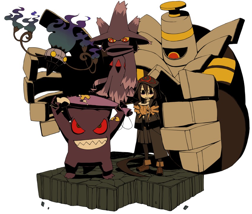 1girl bad_id bad_pixiv_id black_hair chandelure drifloon dusknoir faux_figurine fire gen_1_pokemon gen_3_pokemon gen_4_pokemon gen_5_pokemon gengar ghost green_fire highres hood mismagius nintendo pokemon pokemon_(creature) purple_fire saliva shedinja skirt yaza