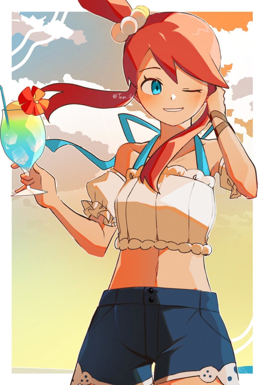 1girl blue_eyes blue_shorts crop_top cup drinking_glass drinking_straw facing_viewer highres holding holding_cup ice ice_cube looking_to_the_side midriff navel nintendo official_alternate_costume one_eye_closed pokemon pokemon_masters_ex red_hair shorts skyla_(pokemon) skyla_(summer_2025)_(pokemon) solo tnm_ilu twitter_username