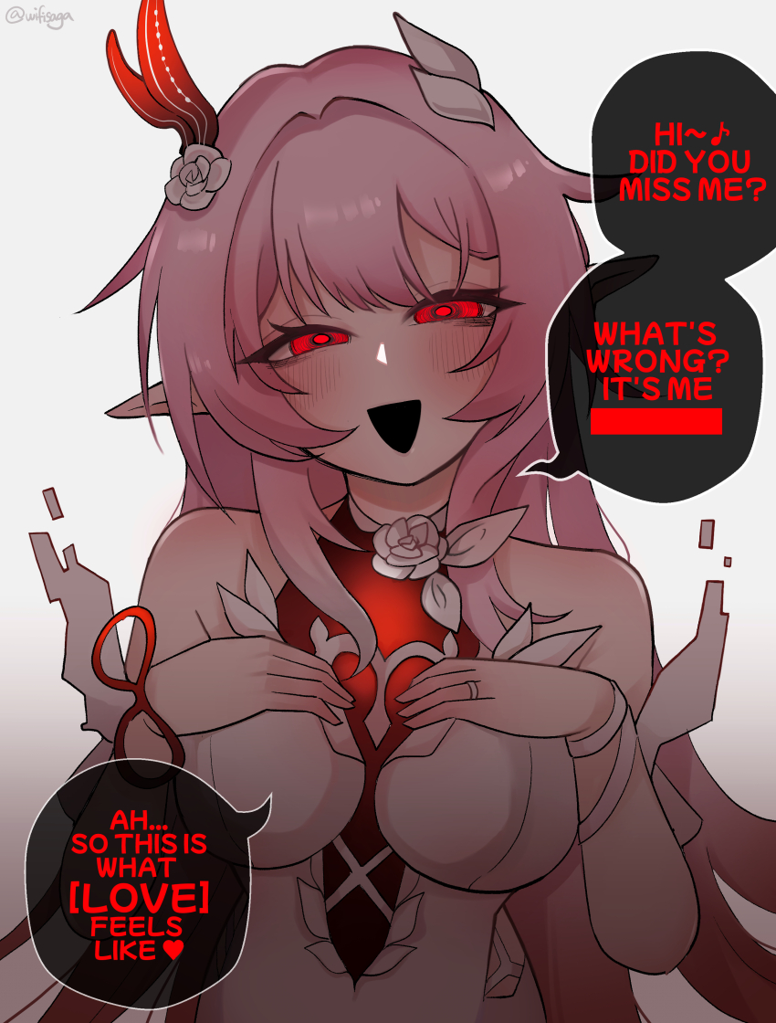 1girl absurdres bare_shoulders breasts commentary cyrene_(honkai:_star_rail) cyrene_(ripples_of_past_reverie)_(honkai:_star_rail) dress english_commentary english_text flower hair_flower hair_ornament hand_on_own_chest highres honkai:_star_rail honkai_(series) irontomb jewelry large_breasts long_hair looking_at_viewer open_mouth pink_hair pointy_ears red_eyes ring simple_background solo speech_bubble very_long_hair wedding_ring white_background white_dress wifi_saga