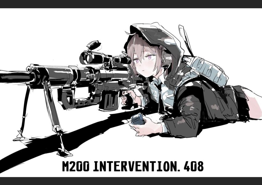 1girl bag bolt_action cheytac_m200 girls&#039;_frontline gun holding holding_weapon long_hair m200_(girls&#039;_frontline) osakana_(denpa_yun&#039;yun) purple_eyes rifle school_bag sniper_rifle solo weapon white_background