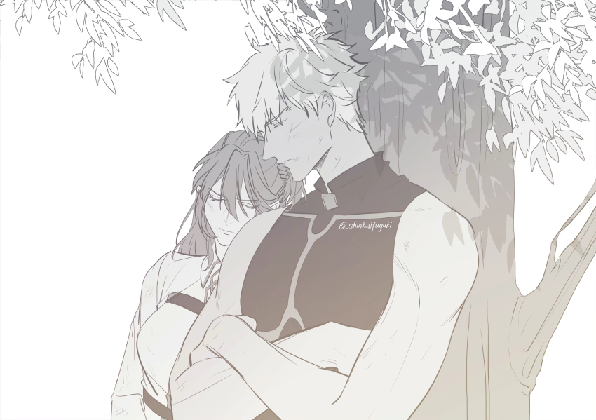 1boy 1girl absurdres against_tree archer_(fate) breasts chaldea_uniform closed_eyes commentary_request crossed_arms fate/grand_order fate_(series) frown fujimaru_ritsuka_(female) greyscale head_on_another&#039;s_shoulder highres large_breasts monochrome one_side_up shinkaifuyuki shirt sleeveless sleeveless_shirt tree tree_shade