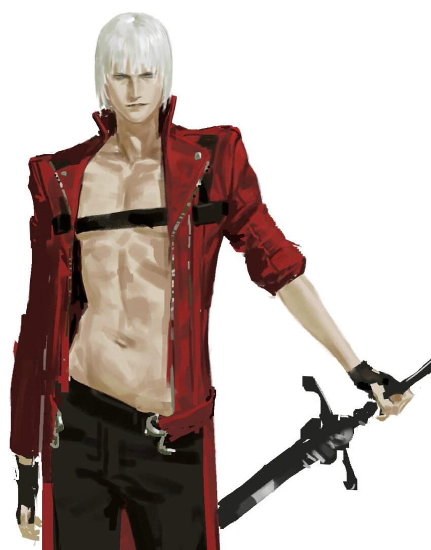1boy abs belt_bra coat dante_(devil_may_cry) devil_may_cry devil_may_cry_(series) devil_may_cry_3 guideoflothric1 highres male_focus rebellion_(sword) red_coat simple_background toned toned_male topless_male white_hair