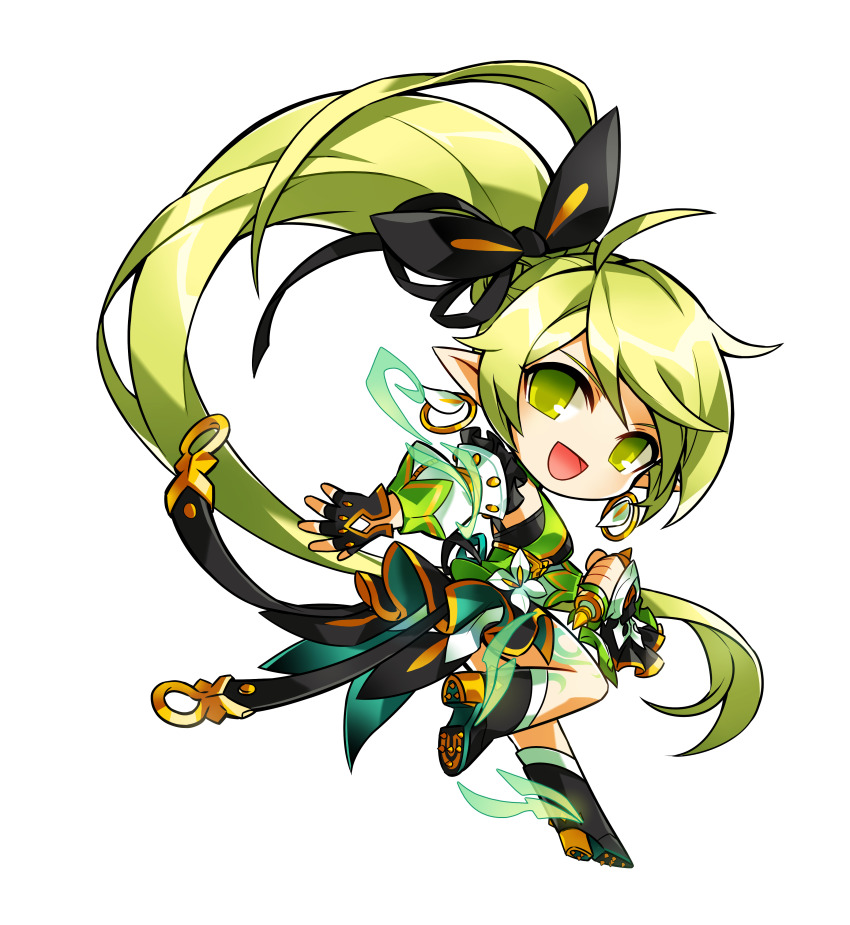 1girl absurdres belt black_belt black_boots black_bow black_dress black_gloves black_ribbon boots bow chibi clenched_hand detached_sleeves dress earrings elf elsword fingerless_gloves floating_clothes floating_hair frilled_sleeves frills game_cg gauntlets gloves gold_buckle gold_earrings green_dress green_eyes green_hair hair_bow hair_ribbon high_side_ponytail highres hoop_earrings hwansang jewelry layered_dress leg_tattoo leg_up long_dress long_hair long_sleeves o-ring o-ring_belt official_art open_belt open_mouth pointy_ears ponytail_with_braided_base puffy_long_sleeves puffy_sleeves rena_erindel ribbon second-party_source single_gauntlet sleeveless sleeveless_dress smile solo swept_bangs tachi-e tattoo transparent_background very_long_hair white_sleeves