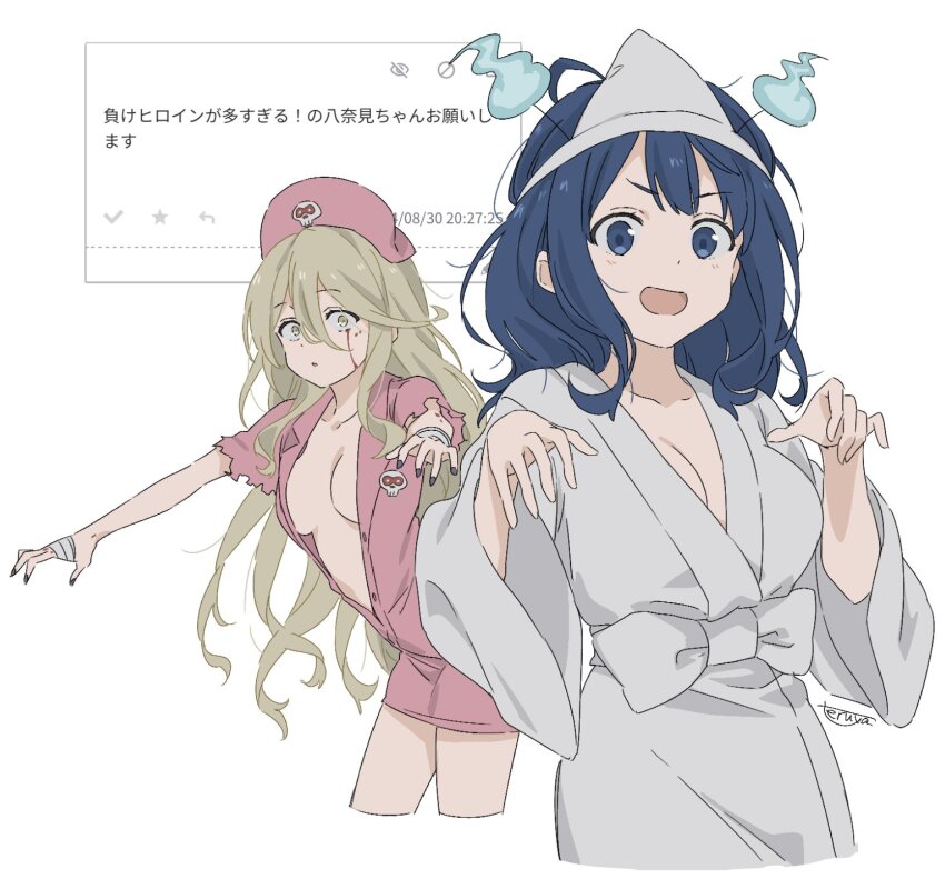 2girls blonde_hair blue_eyes blue_hair breasts highres looking_at_viewer make_heroine_ga_oo_sugiru! multiple_girls nurse odaibako outstretched_arms shikiya_yumeko teruya_(6w6y) triangular_headpiece yanami_anna zombie_pose