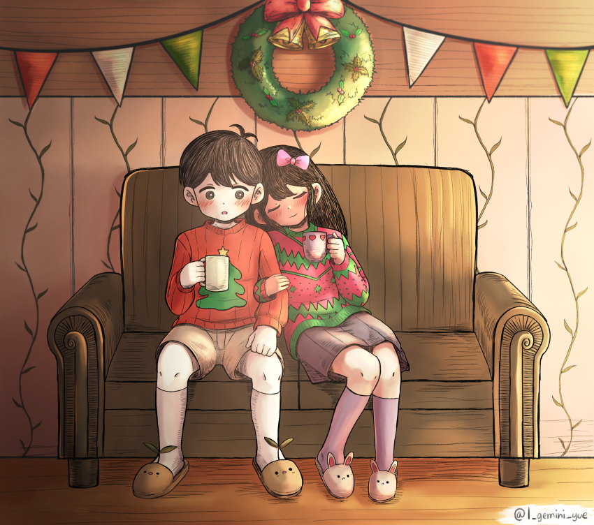 1boy 1girl aged_down animal_slippers artist_name aubrey_(faraway)_(omori) aubrey_(omori) axl_sevens bell black_eyes black_hair black_skirt blush bow brown_shorts bunny_slippers christmas christmas_sweater christmas_wreath couch cup hair_bow hand_up highres holding holding_cup indoors kneehighs locked_arms long_hair lying_on_person omori on_couch pink_bow pink_sweater red_sweater ribbed_sweater short_hair shorts sitting skirt slippers smile socks sunny_(omori) sweater wreath