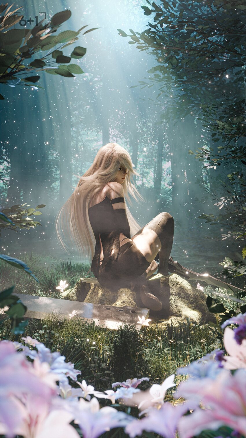 1girl 3d a2_(nier:automata) absurdres android ass blender_(medium) blue_eyes blurry blurry_foreground closed_mouth commentary english_commentary forest grass highres long_hair nature nier:automata nier_(series) on_tree_stump outdoors seven_(sixplusone) sitting solo sword weapon whale_tail_(clothing) white_hair