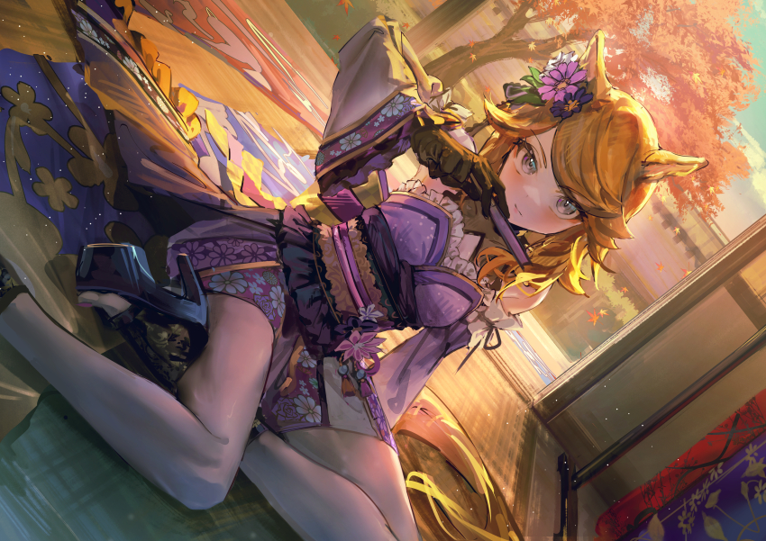 1girl absurdres animal_ears blonde_hair breasts building cleavage closed_mouth detached_sleeves falling_leaves feet_out_of_frame flower gold_city_(akizakura_danzatrice)_(umamusume) gold_city_(umamusume) grey_eyes hair_flower hair_ornament highres horse_ears horse_girl japanese_clothes kimono leaf long_hair obi official_alternate_costume official_alternate_hairstyle sash sitting solo thighs umamusume yokozuwari yu_hydra