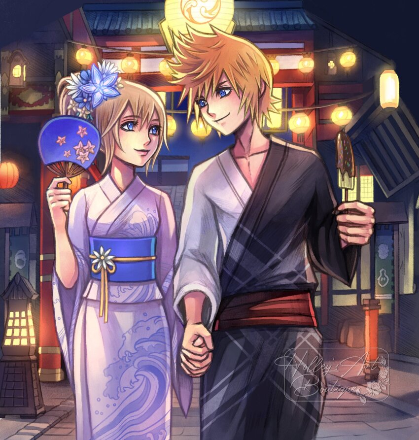 1boy 1girl alternate_costume alternate_hairstyle artist_name black_kimono blue_eyes commentary english_commentary food hair_ornament hand_fan height_difference highres holding holding_fan holding_food holding_hands hollypolllyy japanese_clothes kimono kingdom_hearts lips long_hair looking_at_another namine nomura_tetsuya_(style) obi pink_lips pointy_hair roxas sash two-tone_kimono white_kimono wide_sleeves