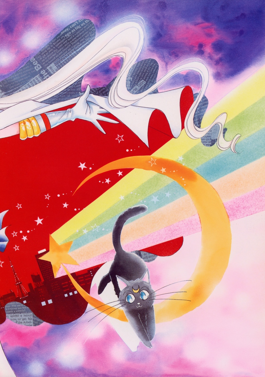 :3 absurdres animal artbook bishoujo_senshi_sailor_moon black_cat blue_eyes cat crescent crescent_facial_mark facial_mark forehead_mark gloves highres incredibly_absurdres luna_(sailor_moon) magical_girl official_art pale_skin retro_artstyle scan star_(symbol) takeuchi_naoko tsukino_usagi white_gloves white_hair