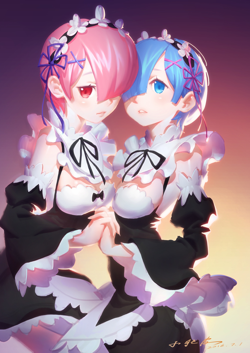 10s 2016 2girls apron black_bow black_ribbon blue_eyes blue_hair blush bow breasts dated detached_sleeves dress eyelashes frills from_side gradient_background hair_ornament hair_over_one_eye hairband highres holding_hands interlocked_fingers looking_at_viewer maid medium_breasts multiple_girls one_eye_covered parted_lips pink_hair ram_(re:zero) re:zero_kara_hajimeru_isekai_seikatsu red_eyes rem_(re:zero) ribbon shade short_hair siblings signature sisters twins underbust waist_apron white_apron wide_sleeves x_hair_ornament xiao_duzi