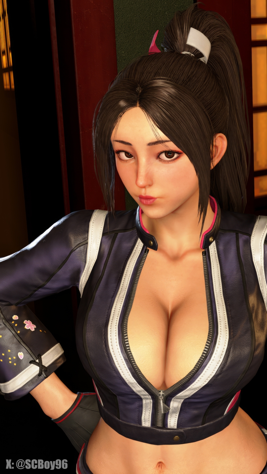 3d absurdres black_gloves black_jacket black_pants breasts brown_eyes brown_hair cleavage fatal_fury fatal_fury:_city_of_the_wolves female_focus game_screenshot gloves highres jacket large_breasts leather leather_jacket lipstick long_hair looking_at_viewer makeup official_alternate_costume pants ponytail shiranui_mai solo street_fighter street_fighter_6 tagme