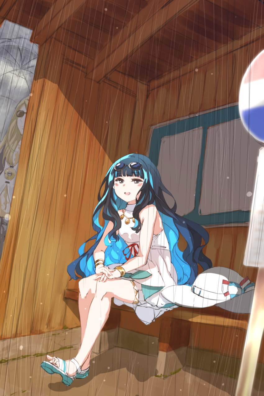 1girl absurdres bare_shoulders black_hair blue_hair bracelet breasts colored_inner_hair dress eyeliner fate/grand_order fate_(series) grey_eyes haku_(grimjin) hat highres jewelry long_hair looking_at_viewer makeup multicolored_hair necklace open_mouth rain sandals sidelocks sitting small_breasts smile solo sun_hat tenochtitlan_(fate) tenochtitlan_(swimsuit_mooncancer)_(fate) tenochtitlan_(swimsuit_mooncancer)_(second_ascension)_(fate) unworn_hat unworn_headwear white_dress white_hat