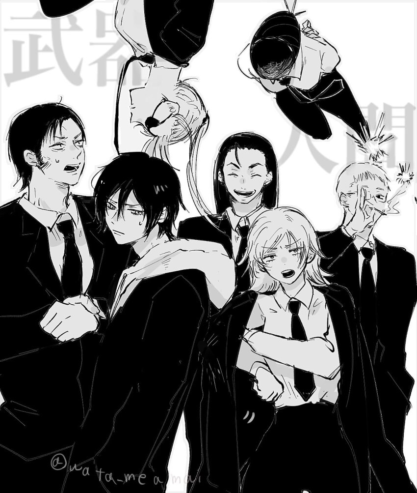 3girls 4boys barem_bridge black_coat black_hair black_necktie black_suit blonde_hair chainsaw_man closed_eyes coat dress_shirt eyepatch flamethrower_devil_(chainsaw_man) formal_clothes greyscale highres hood hoodie katana_man_(chainsaw_man) laughing long_hair longsword_devil_(chainsaw_man) looking_at_another looking_at_viewer mature_female mature_male monochrome multiple_boys multiple_girls necktie open_mouth quanxi_(chainsaw_man) reze_(chainsaw_man) shirt short_hair signature smoking spear_devil_(chainsaw_man) sugo_miri suit sweat upside-down wata_meamai whip_devil_(chainsaw_man) white_shirt