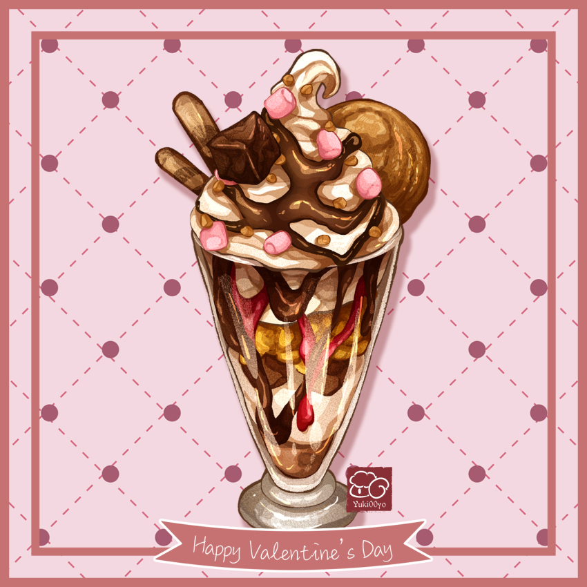 artist_logo artist_name chocolate_syrup cookie food food_focus happy_valentine highres ice_cream logo marshmallow no_humans nut_(food) original parfait soft_serve strawberry_syrup wafer_stick yuki00yo