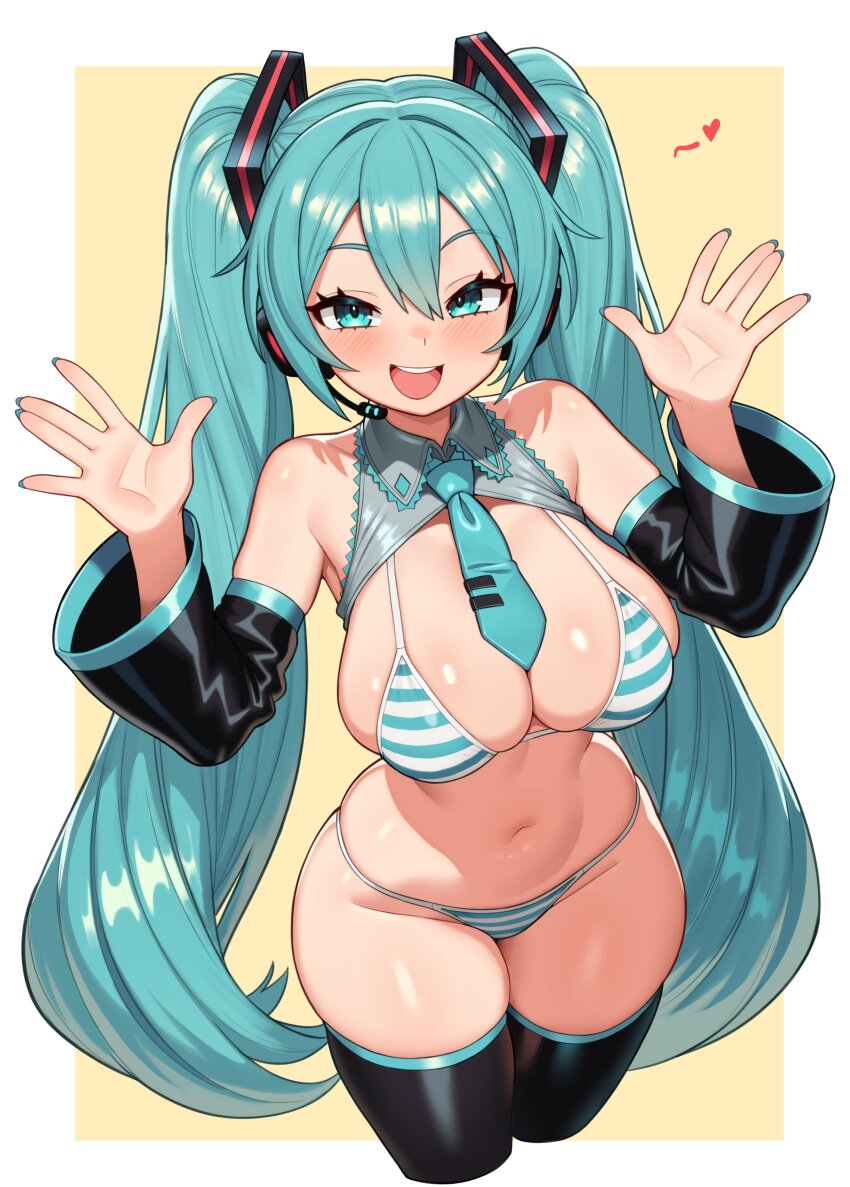 1girl absurdres alternate_breast_size aqua_eyes aqua_hair aqua_necktie bare_shoulders bikini black_thighhighs blush border breasts cleavage commentary commission detached_sleeves fingernails grey_shrug hair_between_eyes hair_intakes hair_ornament hands_up hatsune_miku highres large_breasts long_hair looking_at_viewer meme_attire miku_collar_bikini moursho navel necktie open_mouth outside_border shrug_(clothing) simple_background skindentation smile solo stomach striped_bikini striped_clothes swimsuit thick_thighs thighhighs thighs twintails very_long_hair vocaloid white_border yellow_background