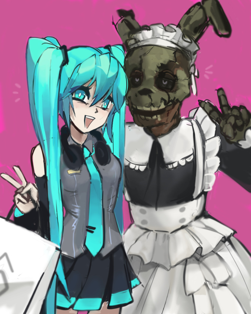 1boy 1girl absurdres animal_ears animal_nose artist_request bag bare_shoulders black_dress black_skirt black_sleeves blue_eyes blue_hair blue_necktie colored_skin detached_sleeves dress five_nights_at_freddy&#039;s frills green_skin grey_shirt hatsune_miku headphones headphones_around_neck highres holding holding_bag long_hair long_sleeves looking_to_the_side low_twintails maid maid_headdress multicolored_skirt necktie open_mouth pale_skin pink_background pleated_skirt rabbit_ears shirt simple_background skirt smile springtrap teeth third-party_source twintails upper_teeth_only v very_long_hair vocaloid white_bag