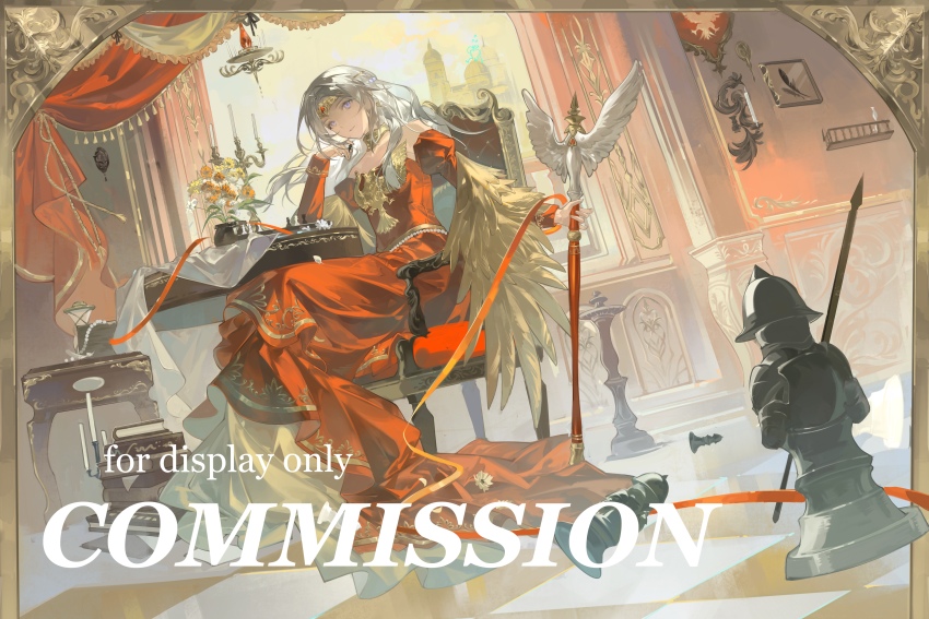 1girl absurdres blue_eyes book book_stack candlestand castle chair chandelier chess_piece commentary commission dress edelgard_von_hresvelg edelgard_von_hresvelg_(adorned_eagle) fire_emblem fire_emblem:_three_houses fire_emblem_heroes gown handrail highres holding holding_chess_piece holding_scepter lamp lin_qing_(phosphorus_1104) long_hair nintendo off-shoulder_dress off_shoulder official_alternate_costume open_window red_dress scepter sitting solo tile_floor tiles white_hair window