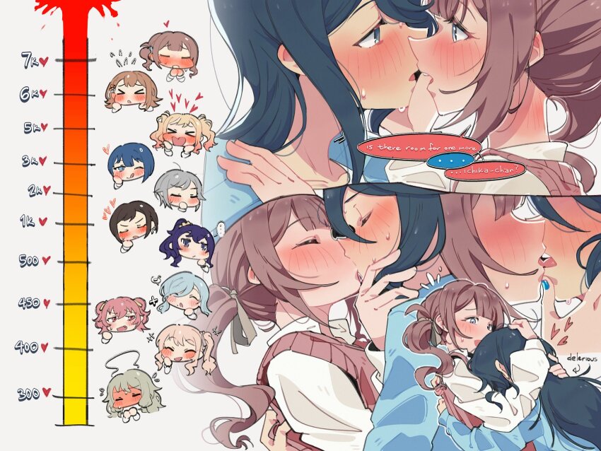 &gt;_&lt; 1other 6+girls akiyama_mizuki asahina_mafuyu black_hair blonde_hair blue_eyes blue_hair blue_nails blue_shirt blush brown_hair closed_eyes commentary english_text fang flying_sweatdrops french_kiss full-face_blush green_hair grey_hair hanasato_minori heart highres hinomori_shiho hinomori_shizuku hoshino_ichika_(project_sekai) hug kiritani_haruka kiss kiss_meter_(meme) kusanagi_nene le0niigo licking_lips long_hair meme mochizuki_honami mole mole_under_mouth momoi_airi multiple_girls one_eye_closed open_mouth orange_hair pink_eyes pink_hair pink_sweater_vest ponytail project_sekai purple_eyes purple_hair shinonome_ena shirt short_hair side_ponytail simple_background speech_bubble sweat sweater_vest symbol-only_commentary tenma_saki tongue tongue_out twintails two_side_up white_background white_shirt yuri