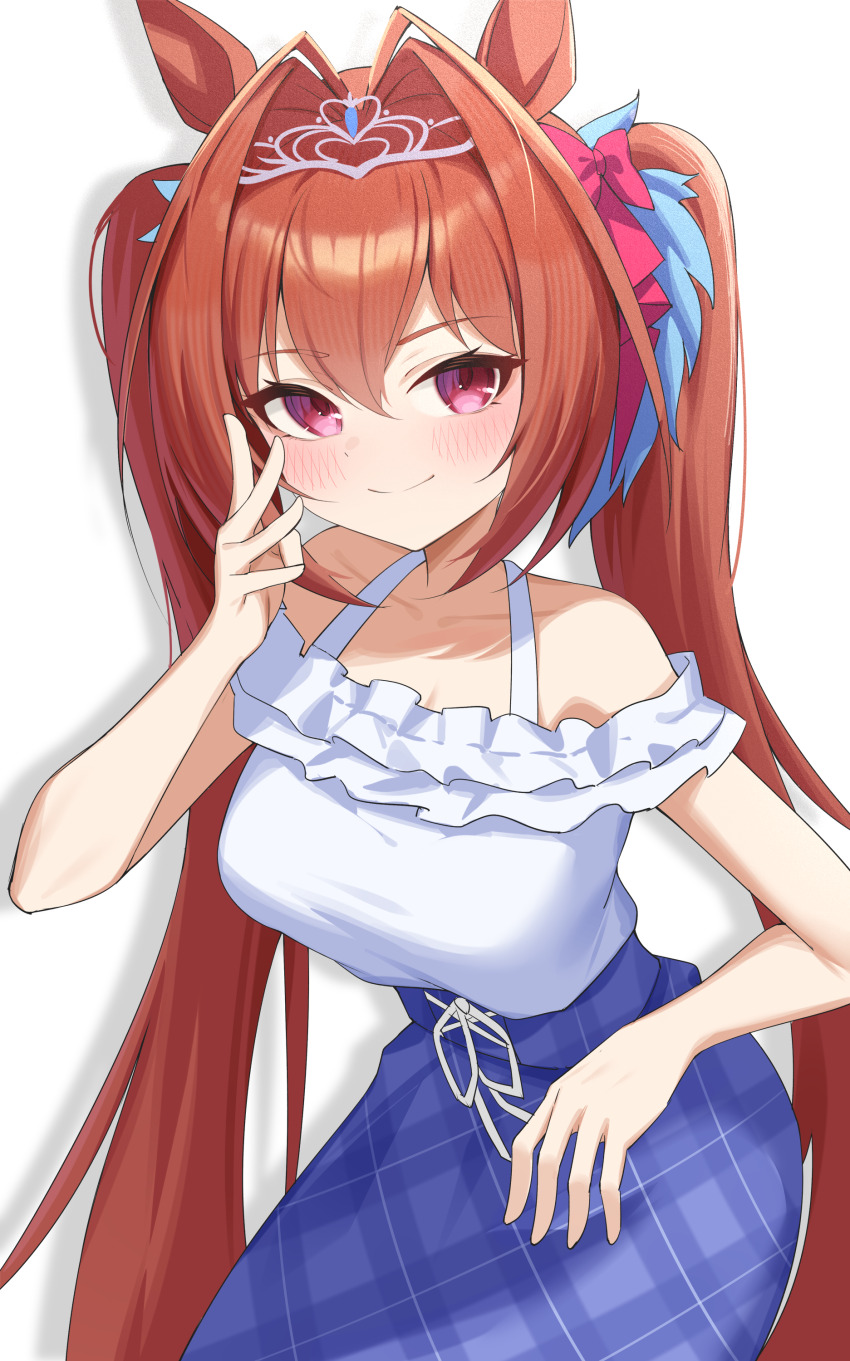 1girl absurdres animal_ears antenna_hair bare_shoulders blue_sky brown_hair closed_mouth commentary_request daiwa_scarlet_(umamusume) halterneck highres horse_ears horse_girl jei_(user_tckk7448) long_skirt looking_at_viewer plaid_clothes plaid_skirt red_eyes shadow shirt skirt sky solo twintails umamusume white_background white_shirt