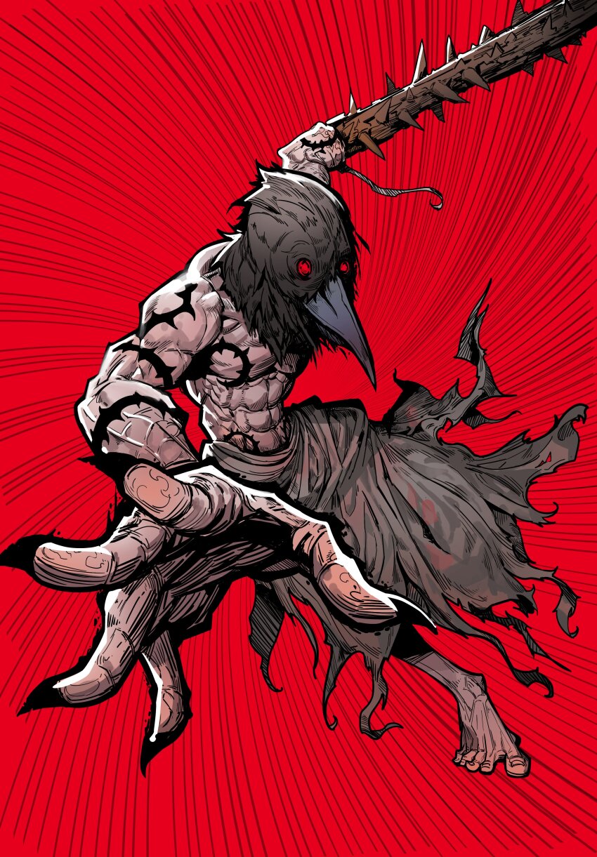 1boy abs absurdres barefoot bird_boy brown_skirt claws crow_mauler emphasis_lines fear_&amp;_hunger fear_&amp;_hunger_(series) fear_&amp;_hunger_1 foreshortening full_body goodwater hashtag-only_commentary highres incoming_attack looking_at_viewer muscular muscular_male prosthetic_weapon reaching reaching_towards_viewer red_background red_eyes skirt solo thorns topless_male torn_clothes torn_skirt