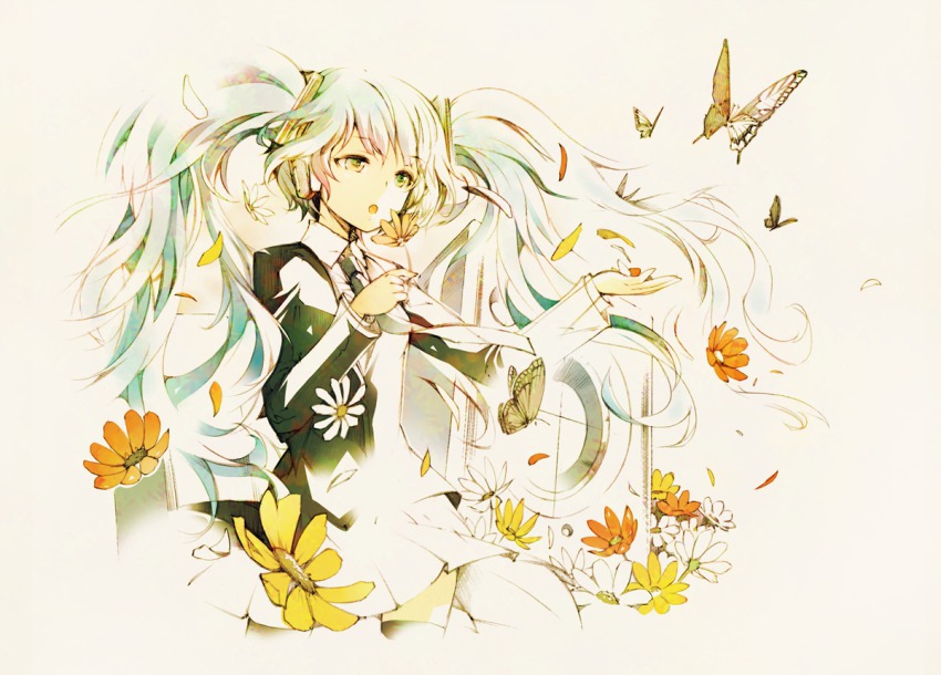 1girl bug butterfly female_focus flower green_eyes green_hair hatsune_miku hatsune_miku_(saihate) headphones ichizen_(o_tori) insect long_hair matching_hair/eyes necktie open_mouth petals saihate_(vocaloid) skirt solo speaker thighhighs twintails very_long_hair vocaloid